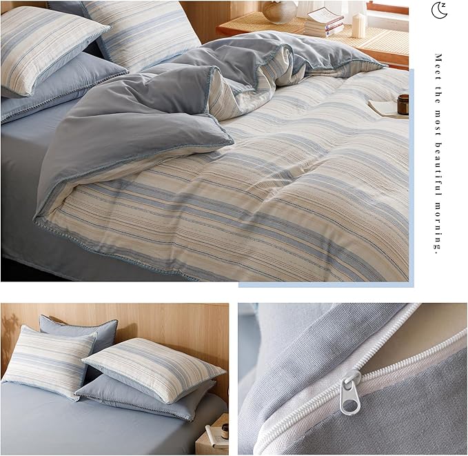 VM VOUGEMARKET Blue White Stripes Duvet Cover King 100% Cotton Muslin Duvet Cover Embroidered Cozy Simple Modern Bedding Set for Men Women