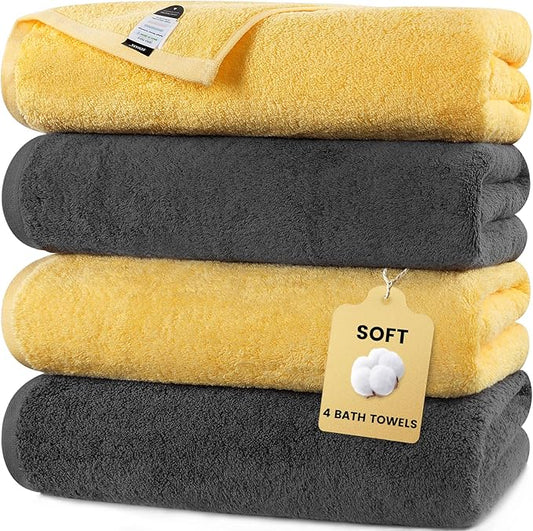 SEMAXE 4-Pack Luxury Bath Towels for Bathroom, 100% Cotton, Soft, Absorbent, and Quick-Drying, 55"x27", Yellow & Grey, Perfect for Hotels, Gyms, and Spas
