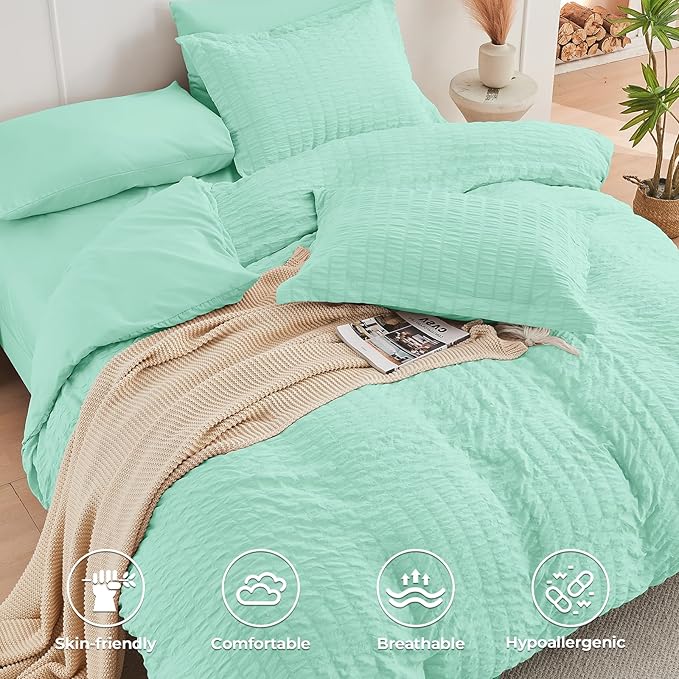 HYMOKEGE Mint Green Twin XL Comforter Set Seersucker 5 Pieces, All Season Luxury Bed in a Bag for Bedroom, Bedding Set with Comforter, Sheets, Pillowcase & Sham