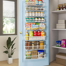 Over The Door Pantry Organizer, Pantry Organization and Storage, 8-Tier Deep Baskets Hanging Heavy-Duty Metal, Wall Spice Rack Seasoning Shelves for Home & Kitchen, Laundry Room Bathroom, White