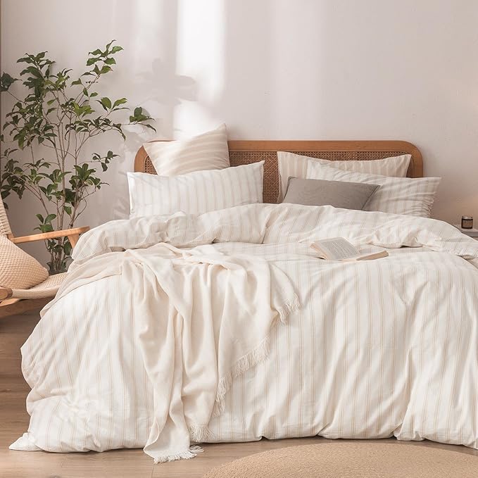BESTOUCH Duvet Cover Set 100% Washed Cotton Linen Feel Super Soft Comfortable Chic Lightweight 3 PCs Home Bedding Set White & Almond Grey Stripes Queen