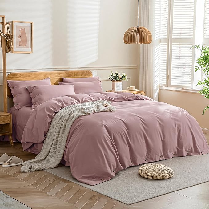 JELLYMONI Cotton Duvet Cover King Size - Pink Comforter Cover with Button 100% Washed Cotton 3PCS Breathable Soft Solid Bedding Set Duvet Cover 104×90in & 2 Pillowcases (NO Comforter)