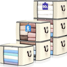 90 L Large Storage Bags, 6 Pack Clothes Storage Bins Foldable Closet Organizers Storage Containers with Reinforced Handle for Clothing, Blanket, Comforters, Bed Sheets, Pillows and Toys (Beige)