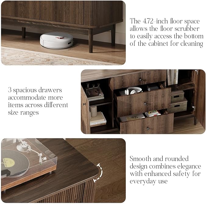 59" Sideboard Buffet Cabinet with Storage, Modern Fluted Accent Credenza with Charging Station, Wood Mid Century Buffet Table Coffee Bar Console Table with 3 Drawers & 2 Doors for Kitchen, Entryway