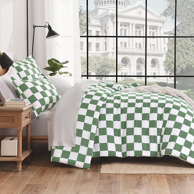 Andency Green Checkered Comforter Full(79x90Inch), Plaid Gingham Buffalo Grid Bedding Comforter Sets for Boys Kids Teens, 3 Pieces Lightweight Microfiber Geometric Preppy Bed Set