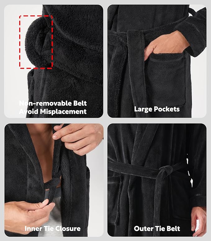 DAVID ARCHY Men's Hooded Robe Soft Coral Fleece Microfiber Bathrobe