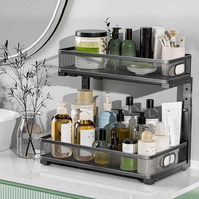 Under Sink Organizer, High Adjustable 2 Tier Under Sink Organizers and Storage, Slide Out Metal Cabinet Organizers, Pull Out Sink Storage Drawer Shelf for Kitchen Bathroom Cabinet, Black, 1 Pack