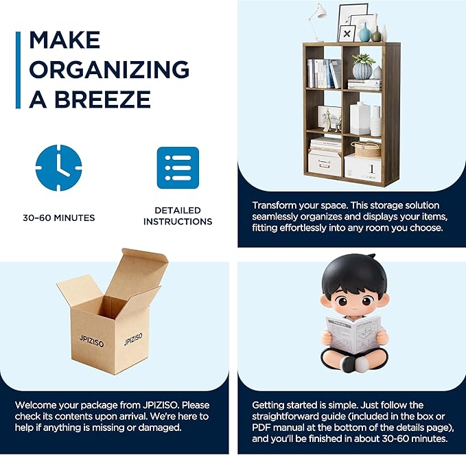 6 Cube Storage Organizer, 2x3 Cube Bookshelf, Cubby Storage Shelf, Wooden Organizer Shelf with Thickened Boards, for Closet Bedroom Home Office Living Room, 36.93" L x 9.37" W x 25.12" H, Brown