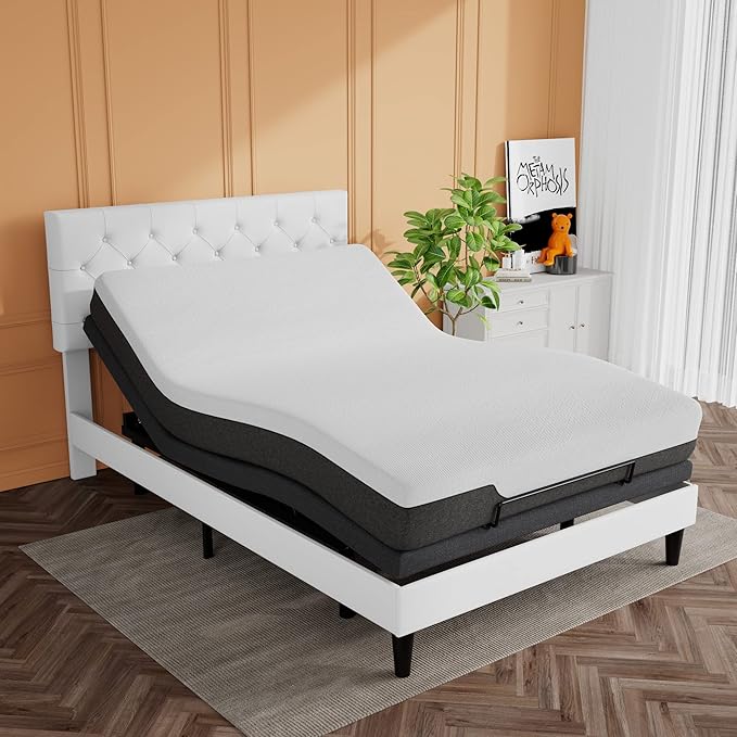 SHA CERLIN Electric Adjustable Bed Base, Ergonomic Upholstered Full Size Bed Frame with Upgraded Motors and Wireless Remote Control, Independent Head and Foot Incline, Assembly Required