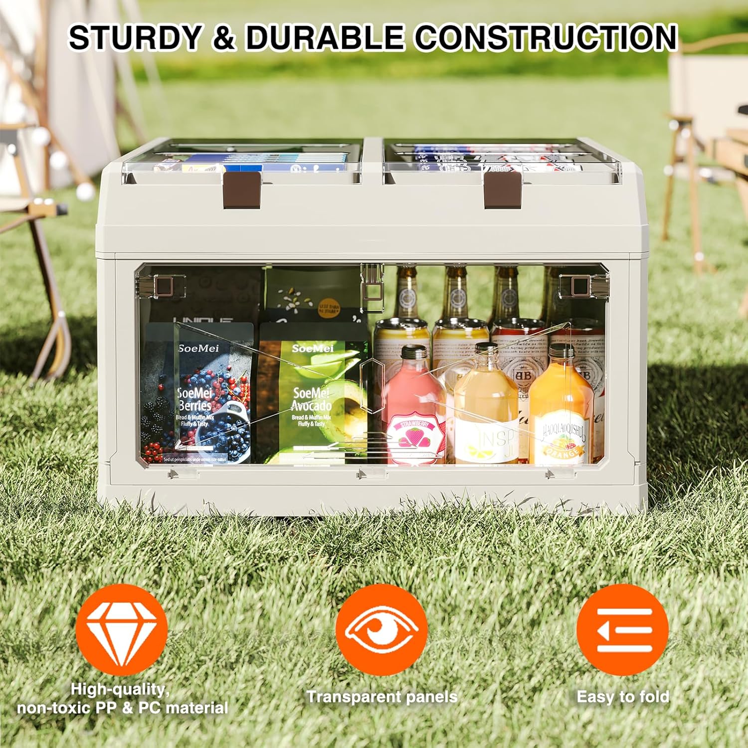 Closet Organizer and Storage Box, Large Essential Collapsible Plastic Car Trunk Container with Clear Lids and Doors, Open Front Multifunctional Stackable Bin for Bedroom, Dorm Room, Craft 80 L