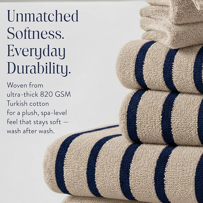 Brooklinen Super-Plush Bath Sheet and Hand Towel Set - 2 Bath Sheets 2 Hand Towels - Cotton, Highly Absorbent (Striped Midnight Navy)