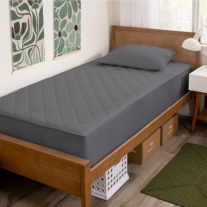Bare Home Twin Extra Long Quilted Fitted Mattress Pad - Cooling Mattress Cover - Easily Washable - Elastic Fitted Cover for Mattress - Stretch-to-Fit up to 15 Inches Deep (Twin XL, Grey)