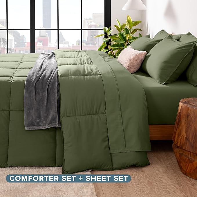 Bare Home Bed-in-A-Bag 5 Piece Comforter & Sheet Set - Twin XL - Goose Down Alternative - Ultra-Soft 1800 Premium Bedding Set (Twin XL, Cypress/Cypress)