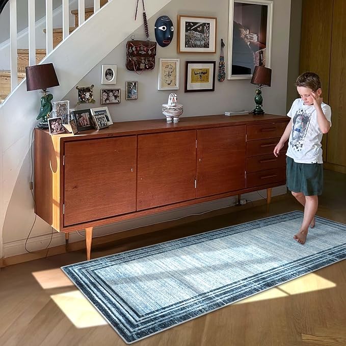 Lahome Modern Abstract Runner Rug, Washable Blue 2x6 Runners for Hallways Non Slip Bathroom Rug Runners, Low-Pile Soft Kitchen Runner Rubber Backed Carpet Runner for Bedroom Entryway