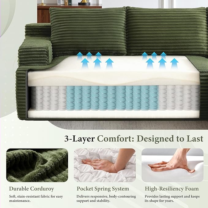 96''Sectional Couches for Living Room Modern Modular Sectional Sofa Upholstered Boneless Couch Comfy Cloud Couch with Chaise (Green, 96''W Right Facing Chaise)