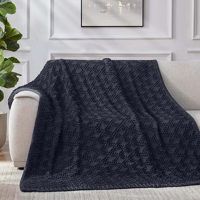 Knitted Weighted Blanket for Adult, Chunky Knit Weighted Throw for Sleep 60"*80" 15lbs, Cooling Breathable Machine Washable Heavy Blanket for Room Decor (Dark Grey, Queen)