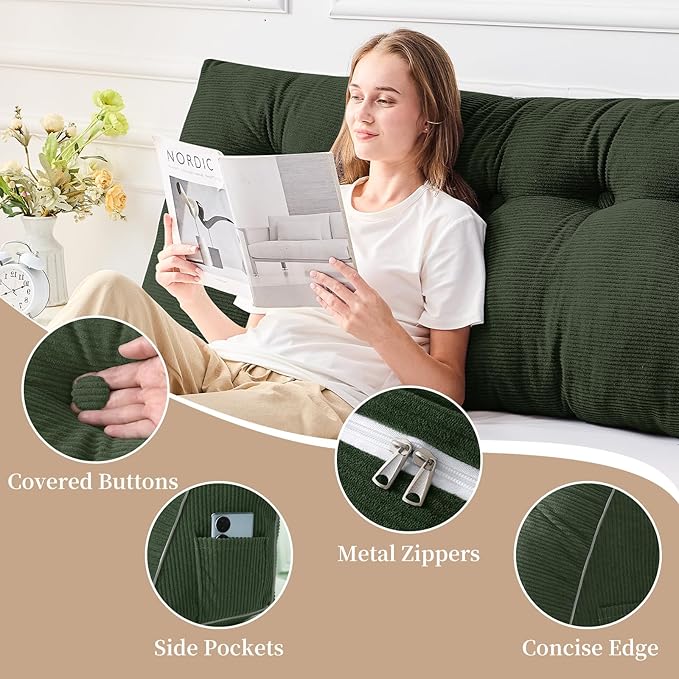 Sasttie Headboard Pillow Twin/Twin XL, Wedge Pillow Headboard for Dorm, Triangular Daybed Backrest Cushion for Sitting or Reading in Bed, with Removable Washable Cover, Olive Green