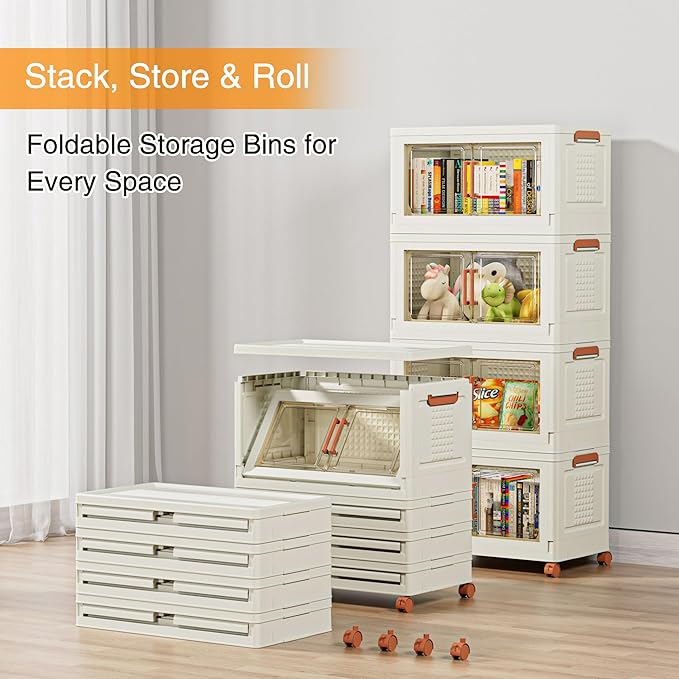 VECELO 240 QT Stackable Storage Bins with Wheels, Magnetic Dual Opening Doors & Transparent Panels, Plastic Foldable Storage Containers for Living Room, Bedroom, Kitchen, Office