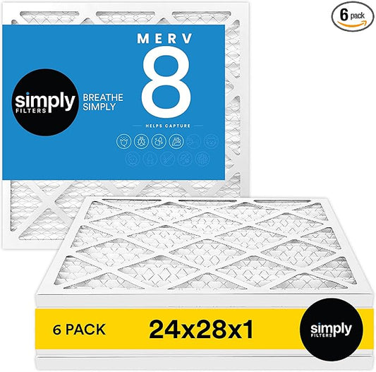 Simply 24x28x1 Air Filter, Merv 8, 6 Pack, For Home AC Furnace & HVAC (Actual Size: 23.75"x27.75"x0.75") DUST, Pet, & Allergy Control