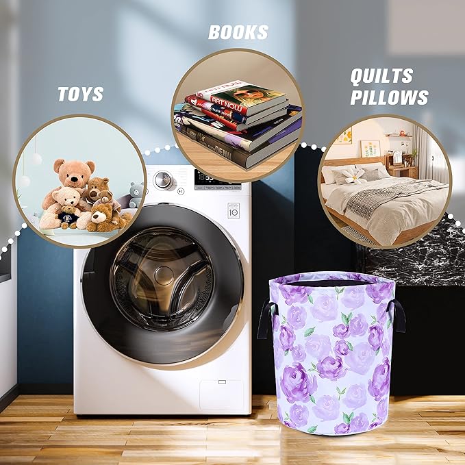 Purple Watercolor Floral Laundry Basket Foldable Oxford Cloth Funny Tote Bag Laundry Hamper Clothes Storage Bucket Organizer For Bathroom/Laundry Storage/Bedroom 17.7x13.7 Inch