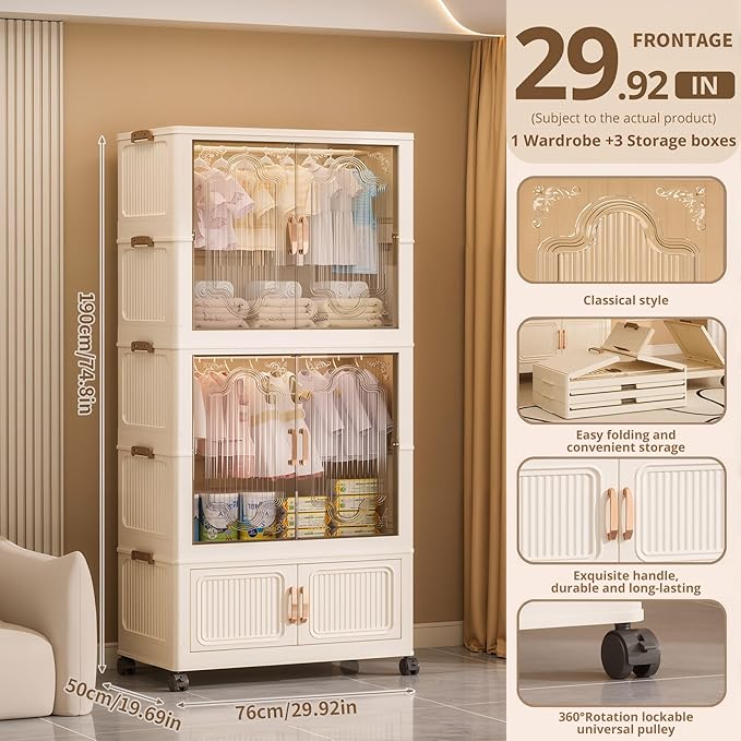 Collapsible Foldable Stackable Storage Bins with Lids on Wheels, Heavy Duty Large Plastic Wardrobe Closet Organizer Cube, Rolling Clothes Storage Container for Sweaters Blankets, Two Clear Cabinet