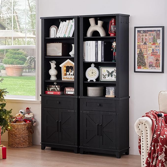 72in Tall Bookshelf 7 Tier Bookcase with Drawer and Barn Doors and Adjustable Shelves, Black Farmhouse Book Shelf with Storage Cabinet, Wood Freestanding Display Bookshelves for Kitchen (4PCS)