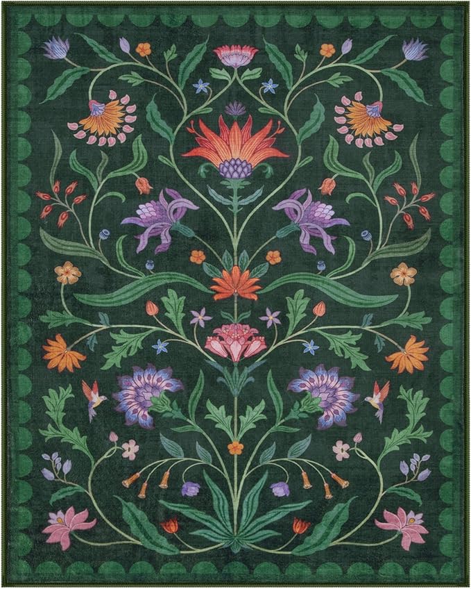 Lahome Boho Floral Washable Green 8x10 Area Rugs for Living Room, Vintage Non Slip Rugs for Bedroom, Ultra-Thin Indoor Throw Dining Room Carpet for Under Table Home Office(Forest Green,8x10)