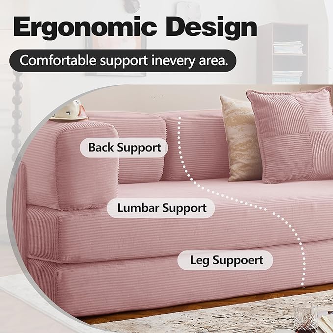 78.8" Convertible Sofa Bed -Compression Sofa with Corduroy Fabric - with Armrests and Backrest - Modular Sectional for Living Room, Bedroom, Studio - Compression Sofa in Box(Pink)