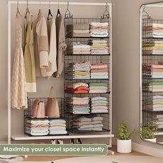 Hanging Closet Organizer and Storage - 8 Tier Closet Hanging Organizer Shelves, Metal & Foldable Hanging Storage Organizer Baskets with Adjustable Dividers for Clothing Sweaters Shoes Handbags