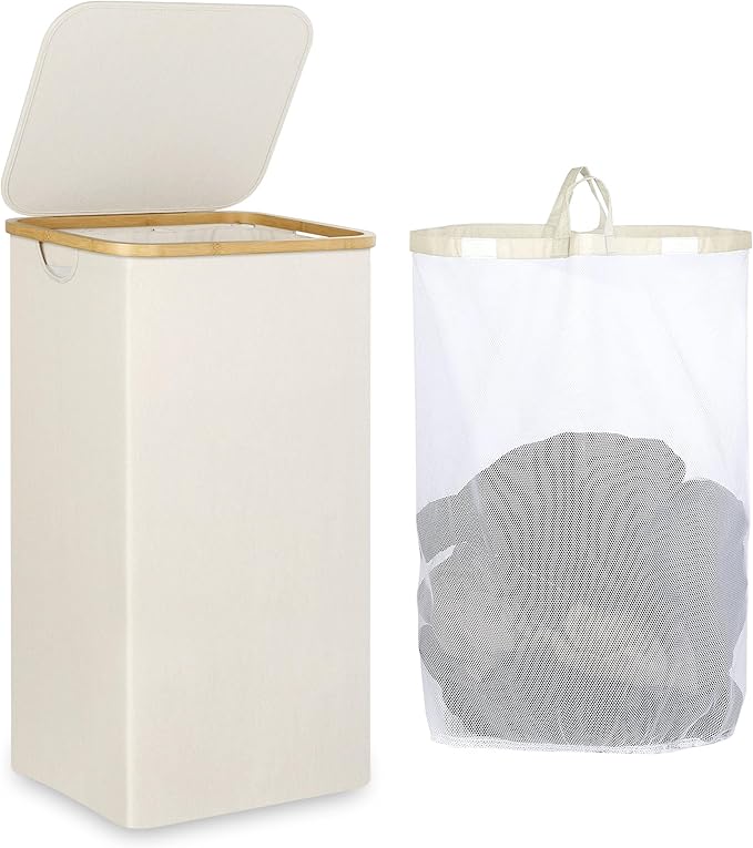 Laundry Basket with Lid, 110L Large Laundry Hamper with Handle and Lid, Collapsible Clothes Basket Organizer with Removable Inner Bag for Clothes Toys Towels - Beige
