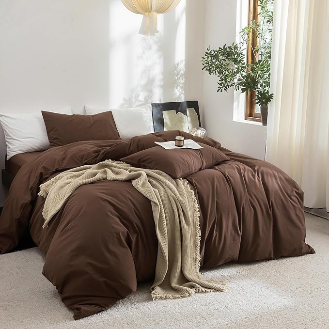 FOSSA Duvet Cover Set 100% Washed Cotton Linen Feel Super Soft Breathable Cozy 3 Pieces Bedding Sets Solid Cocoa Brown Oversized King