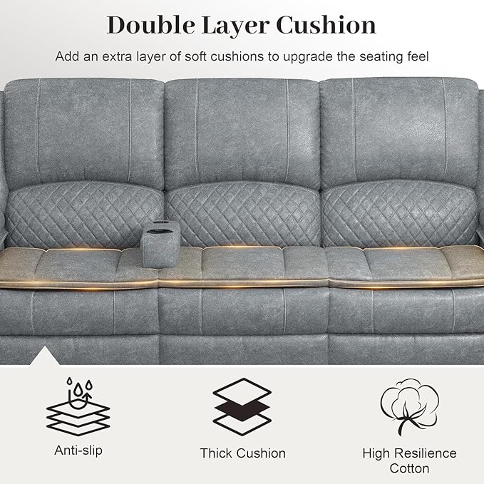 3-Seater Recliner Sofa, Manual Reclining Couch with Multi-Functional Middle Seat, Reclining Sofa for Living Room with Hidden Storage Space, Cup Holders, and Removable Console