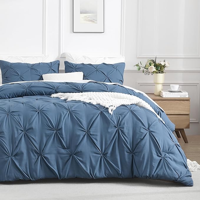 Andency California King Comforter Set Ocean Blue (104x96Inch), Pinch Pleat Cal King Comforter Set 3 Pieces, Oversized King Pintuck Bed Comforter, Microfiber Down Alternative Comforter Bedding Set