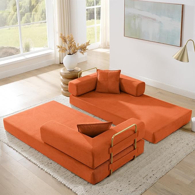Antetek Convertible Futon Sofa Bed, 3-Seater Modern Corduroy Foam Floor King Size Bed Fold Out Sleeper Lounge Loveseat Sofa Couch with 2 Throw Pillows for Living Room Bedroom Guest Room, Orange