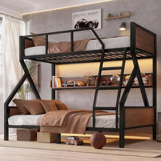Twin over Full Bunk Bed with Storage Shelves, Metal Bunk Beds with Ladders and Lights, Heavy-duty Bunkbed for Bedrooms, Guest Rooms and Dorms, No Box Spring Needed and Noise-free Design, Black