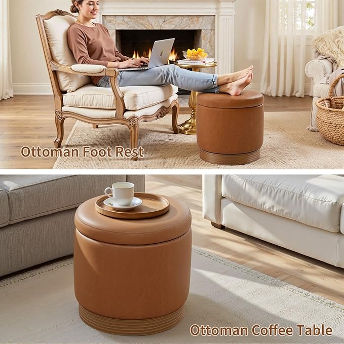 Round Storage Ottoman,Swivel Vanity Stool-Smooth Faux Leather Foot Rest,Footstool Pouf with Sturdy Acacia Wood Frame(500lbs),Small Coffee Table & Hidden Storage Ottoman for Living Room