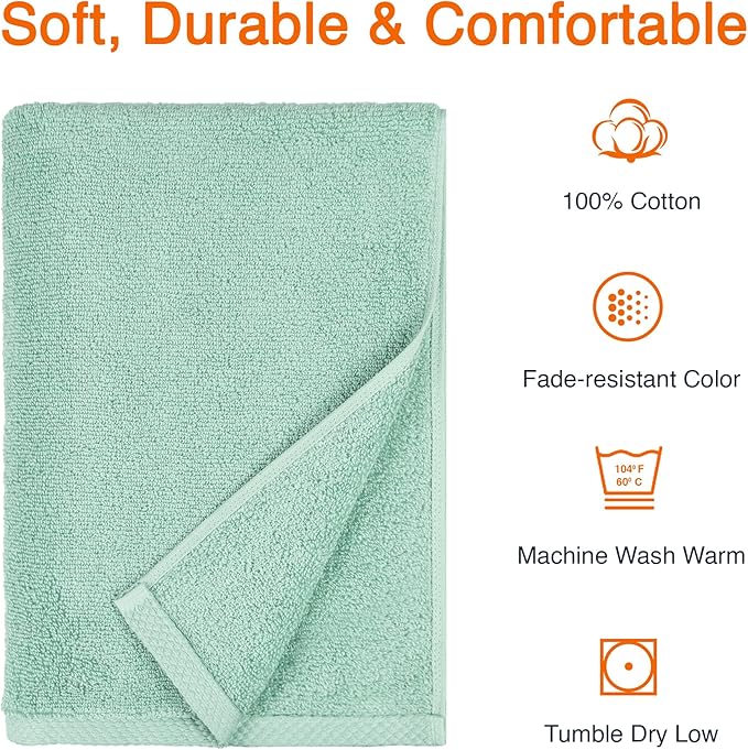 Amazon basics 100% cotton quick-dry lightweight bath towel, 2-pack, seafoam green, 54" x 30"