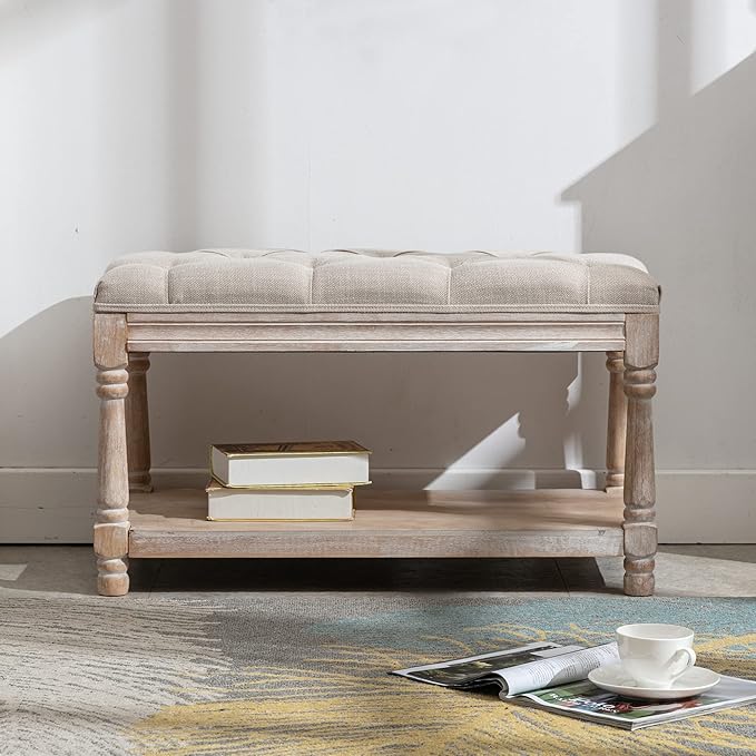 chairus Storage Bench 31.5" W Button Tufted Small Entryway Bench with Wooden Shoes Rack End of Bed Bench with Fabric Linen Upholstered Rectangular Seat for Bedroom Hallway Small Space, Beige