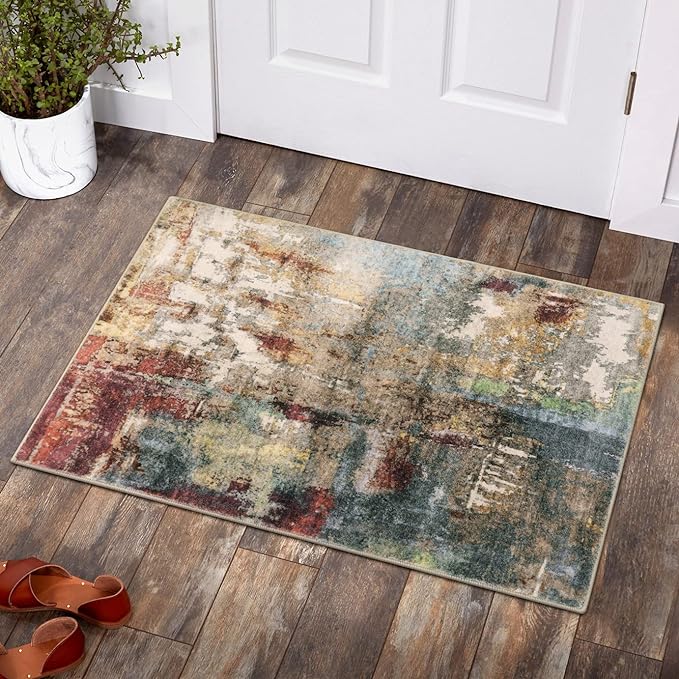 Lahome Modern Abstract Area Rug - 2x3 Washable Small Entryway Rug for Kitchen Non-Slip Front Doormat, Contemporary Faux Wool Soft Floor Indoor Carpet for Bathroom,Red/Multi