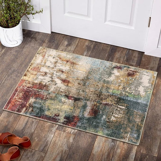 Lahome Modern Abstract Area Rug - 2x3 Washable Small Entryway Rug for Kitchen Non-Slip Front Doormat, Contemporary Faux Wool Soft Floor Indoor Carpet for Bathroom,Red/Multi