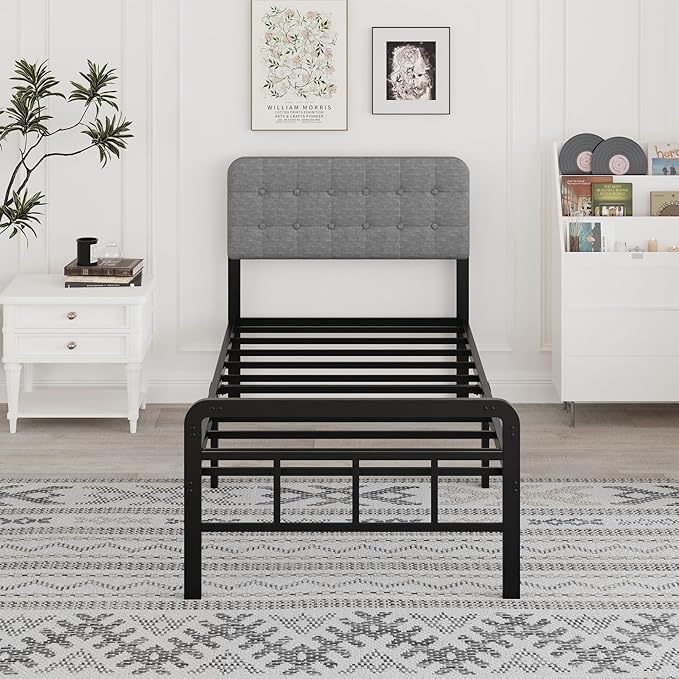 Twin Bed Frames with Upholstered Headboard and Metal Footboard 14 Inch, Twin Platform Bed Frame with Strong Metal Slats Support, Under-Bed Storage, Noise Free, Easy Assembly