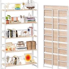 4NM No Assembly Extra Wide 5 Tiers Folding Bookshelf Storage Shelves Vintage Bookcase Standing Racks Study Organizer Home Office (Natural White)