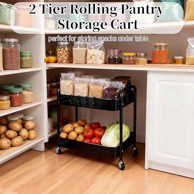 2 Tier Rolling Cart with Wheels for Under Desk Storage & Pantry Storage, Large Capacity Laundry Room & Makeup Organizer, Sturdy Kitchen Utility Cart for Small Space with 4 Hooks, Black