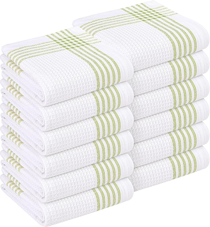 Lemon Green and White Waffle Kitchen Towels 12 Pack, 100% Cotton, 16x26 Inch, Super Absorbent, Reusable Fast Drying Dish Towels for Cleaning, Washing, Drying Dishes, Kitchen