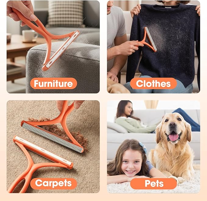 Manual Lint & Pet Hair Remover, Portable Fabric Fuzz Cleaner and Fur Removal Brush for Clothes, Carpets, Furniture, and Car Seats – Reusable Hair Removal Tool for Home and Pets (Orange)