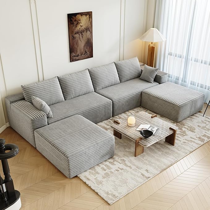 139.4" Modular Sectional Sofa, U-Shaped Minimalist Couches with 2 Ottomans Chaise, Modern Deep Seat Convertible Sleeper Sofa Bed,Cloud Plush Corduroy Fabric, No Assembly Required, 6 Seater, Grey