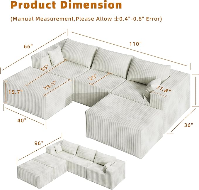 110" Cloud Couch Sectional for Living Room U-Shape Boneless Couches Modular Sectional Sofa with Deep Seat with Chaise,No Assembly Required, Carbon White(Plush Corduroy Fabric)