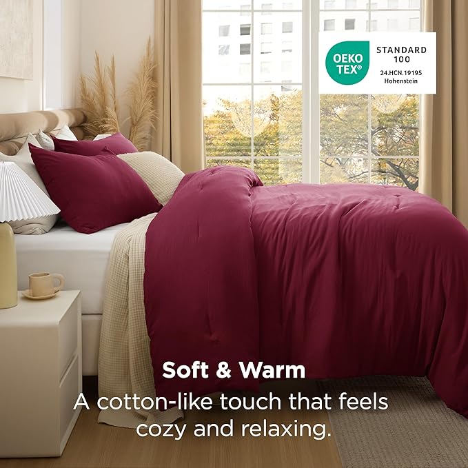 Bedsure King Size Comforter Set, Dark Red Soft Prewashed Bedding for All Seasons, 3 Pieces GentleSoft™ Warm Down Alternative Bed Set, 1 Lightweight Comforter (104"x90") and 2 Pillowcases (20"x36")