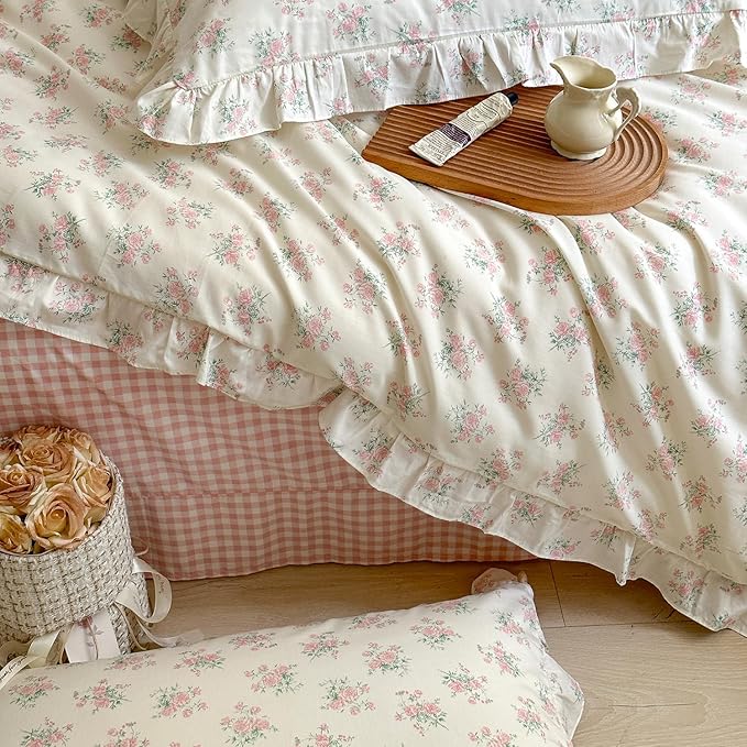 MKXI Queen Size Pink Floral Comforter Set - 3 Piece Ruffled Lace Bedding Set 1 Queen Comforter with 2 Pillowcases All Seasons, Soft Aesthetic Princess Style Floral Comforter for Girls, Women