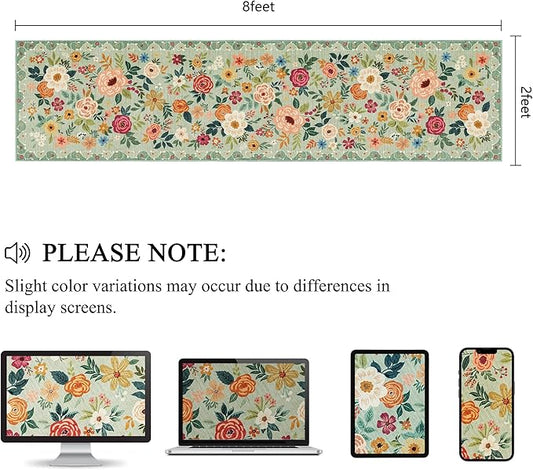 DUKINO 2x8 Runner Rug for Hallway, Washable Kitchen Runner Rug with Rubber Backing Non Slip, Low Pile Soft Boho Floral Thin Carpet for Entryway, Hallway, Bathroom, Laundry Room, Green